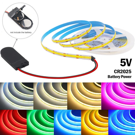 CR2025 Powered COB LED Light Strip 5V 8mm PCB Flexible Tape Ribbon Night Lamp TV Backlights Warm/White/Red/Green/Pink/Ice Blue